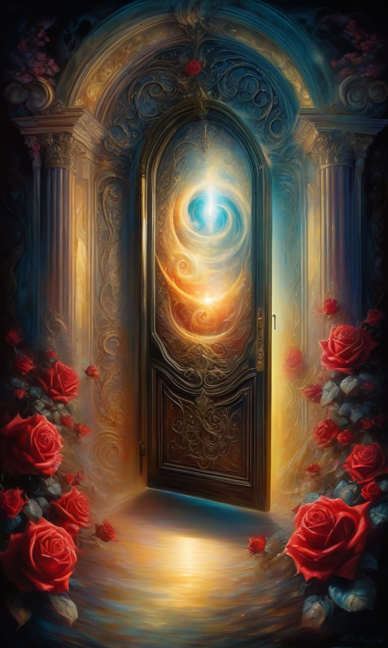  Oil Painting. Surrealistic digital image with double exposure and (dissolving textures). (Door to a fairy tale: 1,2). With unusual design. (Rays of magical light) from the (ajar) door. Glow, magic. Wrought, strange, bizarre, intricate elements in the spirit of Scandinavian ornaments. Intricate floral decor:: different roses in contrasting colours:: glow. Ivy, ornament:: plateresco. Background: surrealist abstractionism with elements of masonry covered with ivy and roses. Hyperdetalisation, intricacy. Fantasy, creativity. Harmony of bright colour shades. High contrast. Exquisite rocaille and fantasy surrealism. Decorative excesses. Josephine Wall. Fragonard and Antoine Watteau. Sabbas Aptheros, Alfonso Mucha, Carole Buck, Andrew Jones, Gusta hyperrealistic, full body, detailed clothing, highly detailed, cinematic lighting, stunningly beautiful, intricate, sharp focus, f/1. 8, 85mm, (centered image composition), (professionally color graded), ((bright soft diffused light)), volumetric fog, trending on instagram, trending on tumblr, HDR 4K, 8K