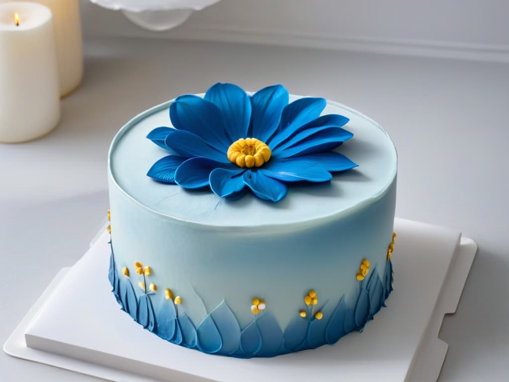  An ultradetailed closeup image of a delicate, handpainted edible flower on a perfectly frosted cake, showcasing intricate brush strokes and vibrant colors. The flower appears almost lifelike, with every petal and detail meticulously captured, highlighting the artistry and skill involved in edible painting. hyperrealistic, full body, detailed clothing, highly detailed, cinematic lighting, stunningly beautiful, intricate, sharp focus, f/1. 8, 85mm, (centered image composition), (professionally color graded), ((bright soft diffused light)), volumetric fog, trending on instagram, trending on tumblr, HDR 4K, 8K