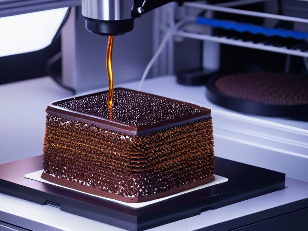  A highresolution, ultradetailed image of a sleek, modern 3D printer in action, intricately crafting a delicate and ornate chocolate sculpture. The printer is surrounded by a soft glow, emphasizing its precision and cuttingedge technology. The chocolate creation is taking shape, showcasing intricate details and smooth curves, highlighting the innovative fusion of technology and culinary artistry. hyperrealistic, full body, detailed clothing, highly detailed, cinematic lighting, stunningly beautiful, intricate, sharp focus, f/1. 8, 85mm, (centered image composition), (professionally color graded), ((bright soft diffused light)), volumetric fog, trending on instagram, trending on tumblr, HDR 4K, 8K