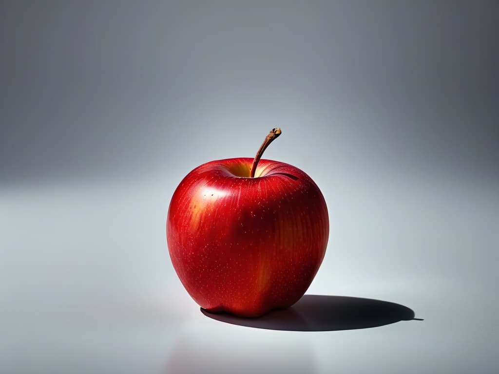  A serene and elegant minimalist illustration of a ripe red apple with a subtle gradient background, showcasing the natural beauty and sweetness of fruit as a safe and delicious option for individuals managing diabetes. hyperrealistic, full body, detailed clothing, highly detailed, cinematic lighting, stunningly beautiful, intricate, sharp focus, f/1. 8, 85mm, (centered image composition), (professionally color graded), ((bright soft diffused light)), volumetric fog, trending on instagram, trending on tumblr, HDR 4K, 8K