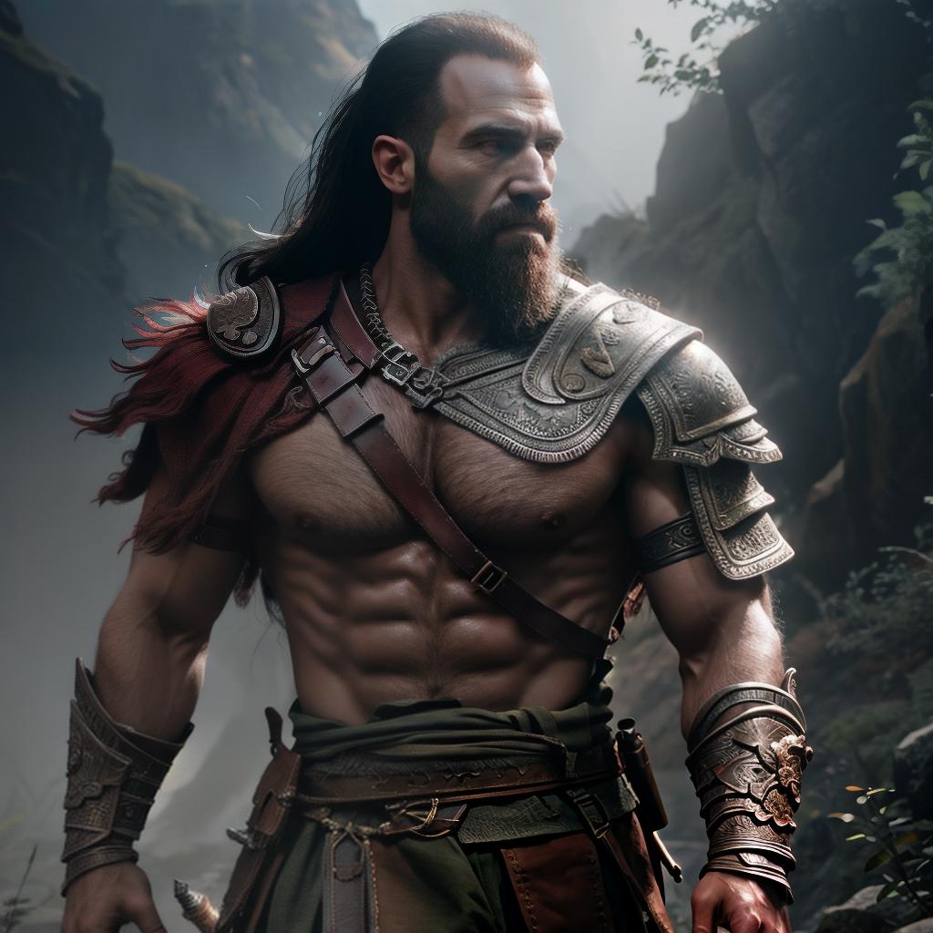  God of war hyperrealistic, full body, detailed clothing, highly detailed, cinematic lighting, stunningly beautiful, intricate, sharp focus, f/1. 8, 85mm, (centered image composition), (professionally color graded), ((bright soft diffused light)), volumetric fog, trending on instagram, trending on tumblr, HDR 4K, 8K