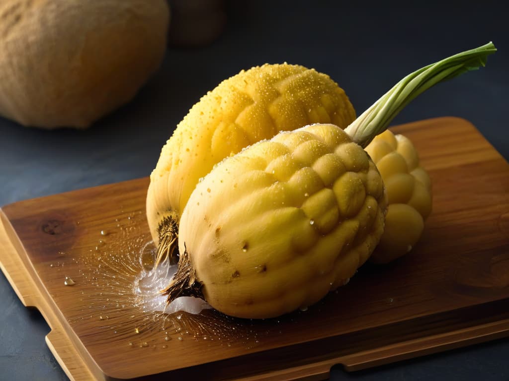  A closeup, ultradetailed image of a freshly harvested yacón tuber sitting on a rustic wooden cutting board, with droplets of water glistening on its smooth, golden skin. The intricate details of the tuber's knobby surface and the rich earthy tones are beautifully highlighted, creating a visually striking and minimalist composition that captures the essence of this Andean sweet root vegetable. hyperrealistic, full body, detailed clothing, highly detailed, cinematic lighting, stunningly beautiful, intricate, sharp focus, f/1. 8, 85mm, (centered image composition), (professionally color graded), ((bright soft diffused light)), volumetric fog, trending on instagram, trending on tumblr, HDR 4K, 8K