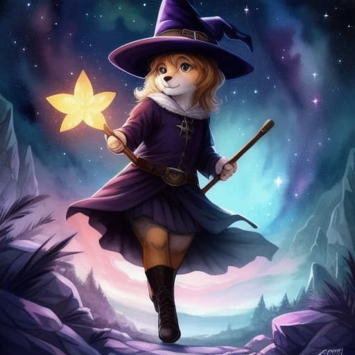  watercolor, storybook, child-book, witch, Young boy flying again on his red broom, silver star charm shining brightly on his purple hat, night sky filled with yellow stars., best quality, very detailed, high resolution, sharp, sharp image hyperrealistic, full body, detailed clothing, highly detailed, cinematic lighting, stunningly beautiful, intricate, sharp focus, f/1. 8, 85mm, (centered image composition), (professionally color graded), ((bright soft diffused light)), volumetric fog, trending on instagram, trending on tumblr, HDR 4K, 8K