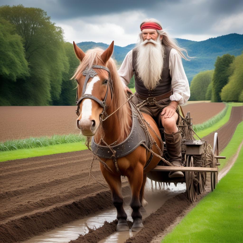  fairy tale an athletically built man of 60 years with a long beard and hair, a headband in a canvas shirt, holding a plow with his hands, plowing the ground with a plough, a horse in a harness, a large field, general plan, photographic quality, 8K, . magical, fantastical, enchanting, storybook style, highly detailed
