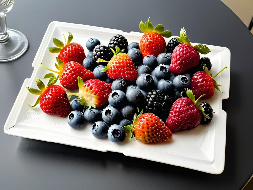  A beautifully arranged platter of vibrant mixed berries strawberries, blueberries, raspberries, and blackberries glistening with droplets of water, placed on a sleek, modern white ceramic plate. The colors pop against the white background, showcasing the freshness and natural sweetness of these healthy alternatives to satisfy sweet cravings. hyperrealistic, full body, detailed clothing, highly detailed, cinematic lighting, stunningly beautiful, intricate, sharp focus, f/1. 8, 85mm, (centered image composition), (professionally color graded), ((bright soft diffused light)), volumetric fog, trending on instagram, trending on tumblr, HDR 4K, 8K