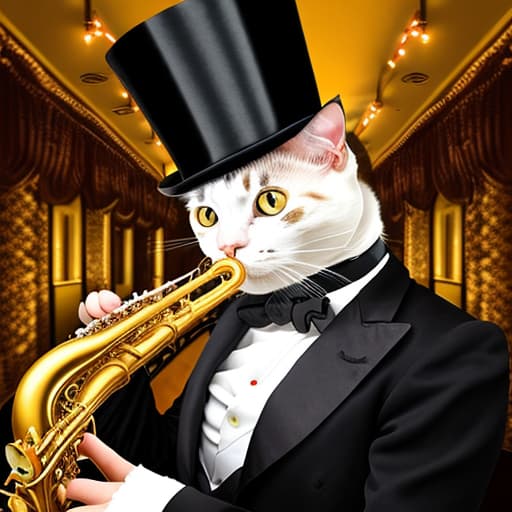  A surreal portrait of a cat wearing a top hat, playing a saxophone in a jazz club