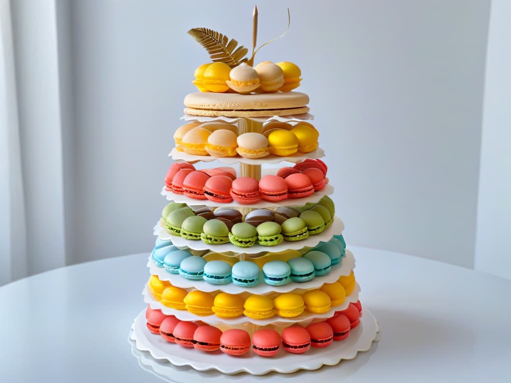  An ultradetailed, 8k resolution image of a delicate, intricately designed French macaron tower, showcasing a variety of pastel colors and flavors against a simple, clean background. Each macaron is perfectly formed with a glossy shell, filled with luscious ganache or buttercream, exuding elegance and sophistication. The image captures the exquisite detail and craftsmanship of these delectable treats, inviting viewers to explore the world of exotic pastry secrets. hyperrealistic, full body, detailed clothing, highly detailed, cinematic lighting, stunningly beautiful, intricate, sharp focus, f/1. 8, 85mm, (centered image composition), (professionally color graded), ((bright soft diffused light)), volumetric fog, trending on instagram, trending on tumblr, HDR 4K, 8K