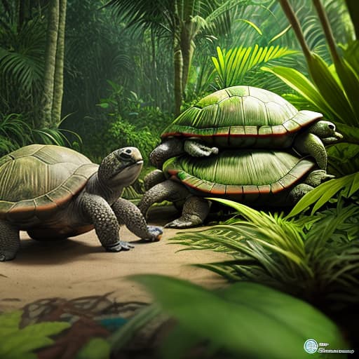  Creates a natural environment turtles in the jungle. highly detailed, vibrant, production cinematic character render, hyper-realistic high-quality model, HDR, 8K, 3d, ultra high quality. "#AlPacifista"