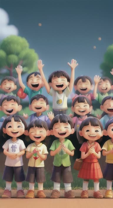  {A heartwarming scene of all the children waving goodbye with happy expressions., Children waving with wide smiles, looking grateful and content.