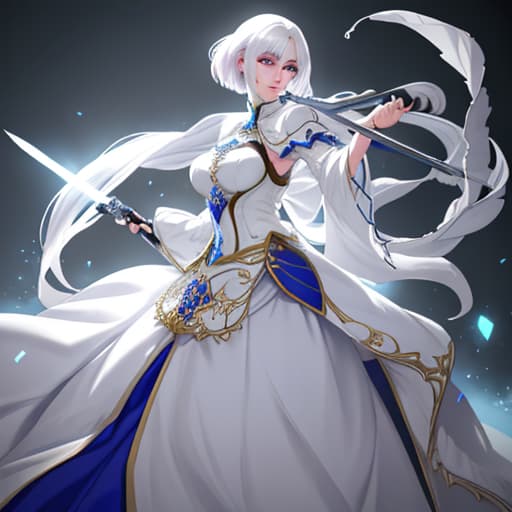  a girl with white hair and light pink eyes and white skin wearing royal blue knite dress and caryying a sword and fighting hyperrealistic, full body, detailed clothing, highly detailed, cinematic lighting, stunningly beautiful, intricate, sharp focus, f/1. 8, 85mm, (centered image composition), (professionally color graded), ((bright soft diffused light)), volumetric fog, trending on instagram, trending on tumblr, HDR 4K, 8K