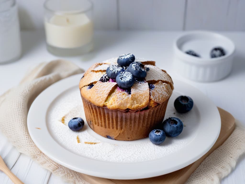  A closeup, ultradetailed image of a perfectly baked sugarfree blueberry muffin sprinkled with a light dusting of powdered erythritol, resting on a delicate white porcelain plate with a subtle floral pattern. The muffin is artfully garnished with a few fresh blueberries on top, showcasing a goldenbrown crust that glistens under a soft, natural light. The background is a blurred out, soft focus of a rustic kitchen setting, emphasizing the simplicity and elegance of the diabeticfriendly treat. hyperrealistic, full body, detailed clothing, highly detailed, cinematic lighting, stunningly beautiful, intricate, sharp focus, f/1. 8, 85mm, (centered image composition), (professionally color graded), ((bright soft diffused light)), volumetric fog, trending on instagram, trending on tumblr, HDR 4K, 8K