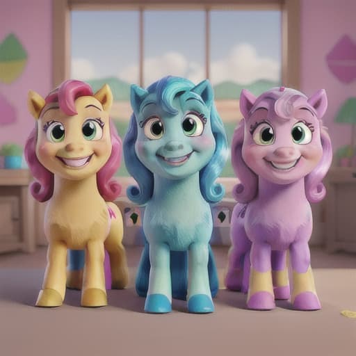  Five colorful ponies smiling