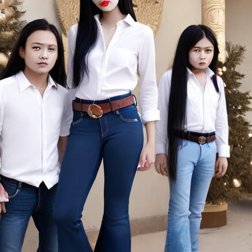  oriental girl long black hair she in dark deep blue flare jeans, best classic jeans with belt and classic white shirt nature east ornament make flirt jeans destroy whith one girl and two boys