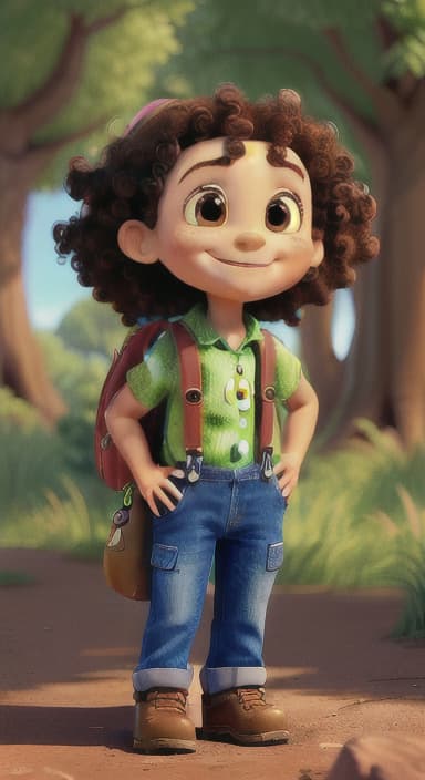  {The tree with a smiling face formed by its bark, looking down at Riley., Riley, a curious with big brown eyes and curly hair, wearing overalls and carrying a small backpack. Their friend, Skye, a bluebird with shiny feathers.