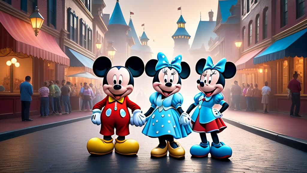  Mickey mouse Dumbo Minnie mouse all at Disney, hyperrealistic, high quality, highly detailed, cinematic lighting, intricate, sharp focus, f/1. 8, 85mm, (centered image composition), (professionally color graded), ((bright soft diffused light)), volumetric fog, trending on instagram, HDR 4K, 8K