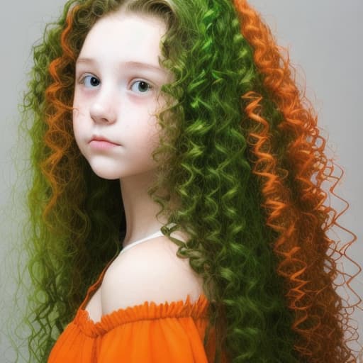  A girl with long hair curl leaves green and orange