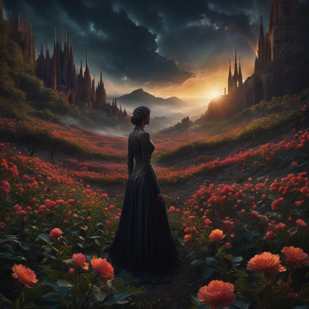  (stylized by Tomasz Alen Kopera:1.3) , dark art, dense flower field and Perseid meteor in background, landscape of a (Barcelona:1.2) , very Bizarre and 1600'S, Hurricane, Glitchcore, Amaro, layered textures, ornate, intricate artistic color, complimentary colors, very inspirational, atmosphere, fine artistic composition, sunny, theatrical hyperrealistic, full body, detailed clothing, highly detailed, cinematic lighting, stunningly beautiful, intricate, sharp focus, f/1. 8, 85mm, (centered image composition), (professionally color graded), ((bright soft diffused light)), volumetric fog, trending on instagram, trending on tumblr, HDR 4K, 8K