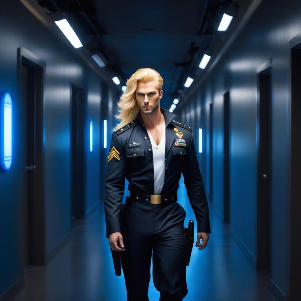  A realistically beautiful man with blonde hair, he has fox like ears, long hair, yellow eyes, and wears black military pants walking down a hallway lit by blue spotlights. Clear focus, crisp and bold eyes, well drawn details, bright and vivid eyes, a fantastic portrait illustration, portrait in the style of fantasy, blue and white flashes, bright colors, vivid eyes, fantastic art, intricate design, extremely detailed, sharp focus, 8k, high resolution, elegant. hyperrealistic, full body, detailed clothing, highly detailed, cinematic lighting, stunningly beautiful, intricate, sharp focus, f/1. 8, 85mm, (centered image composition), (professionally color graded), ((bright soft diffused light)), volumetric fog, trending on instagram, trending on tumblr, HDR 4K, 8K