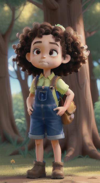  {Riley standing under the tree with eyes closed, making the wish., Riley, a curious with big brown eyes and curly hair, wearing overalls and carrying a small backpack. Their friend, Skye, a bluebird with shiny feathers.