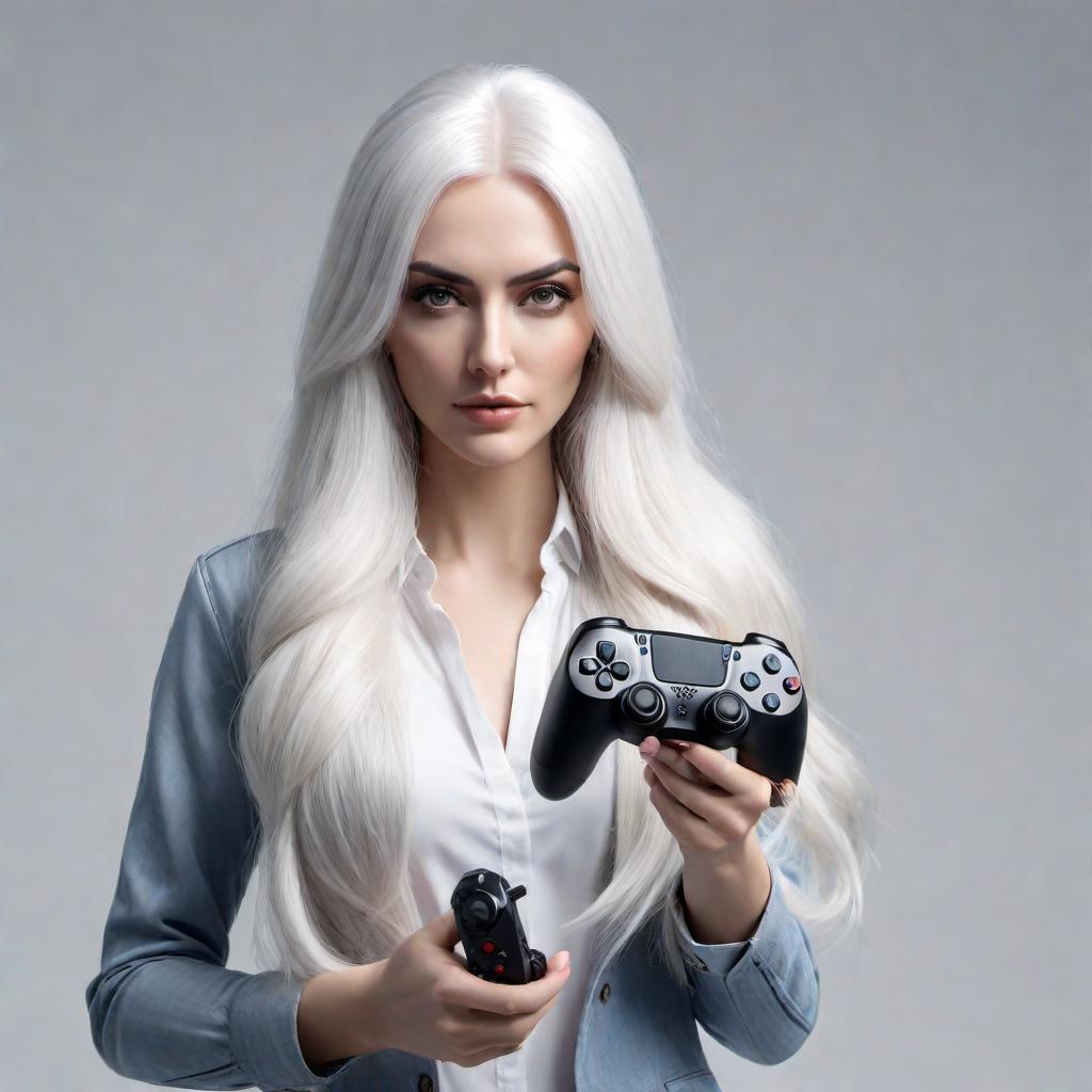  beautiful woman with long white hair big, full body view in camera, holding a gaming controller staring at the camera with the expression of playing an intense game. hyperrealism, 4k, no background hyperrealistic, full body, detailed clothing, highly detailed, cinematic lighting, stunningly beautiful, intricate, sharp focus, f/1. 8, 85mm, (centered image composition), (professionally color graded), ((bright soft diffused light)), volumetric fog, trending on instagram, trending on tumblr, HDR 4K, 8K