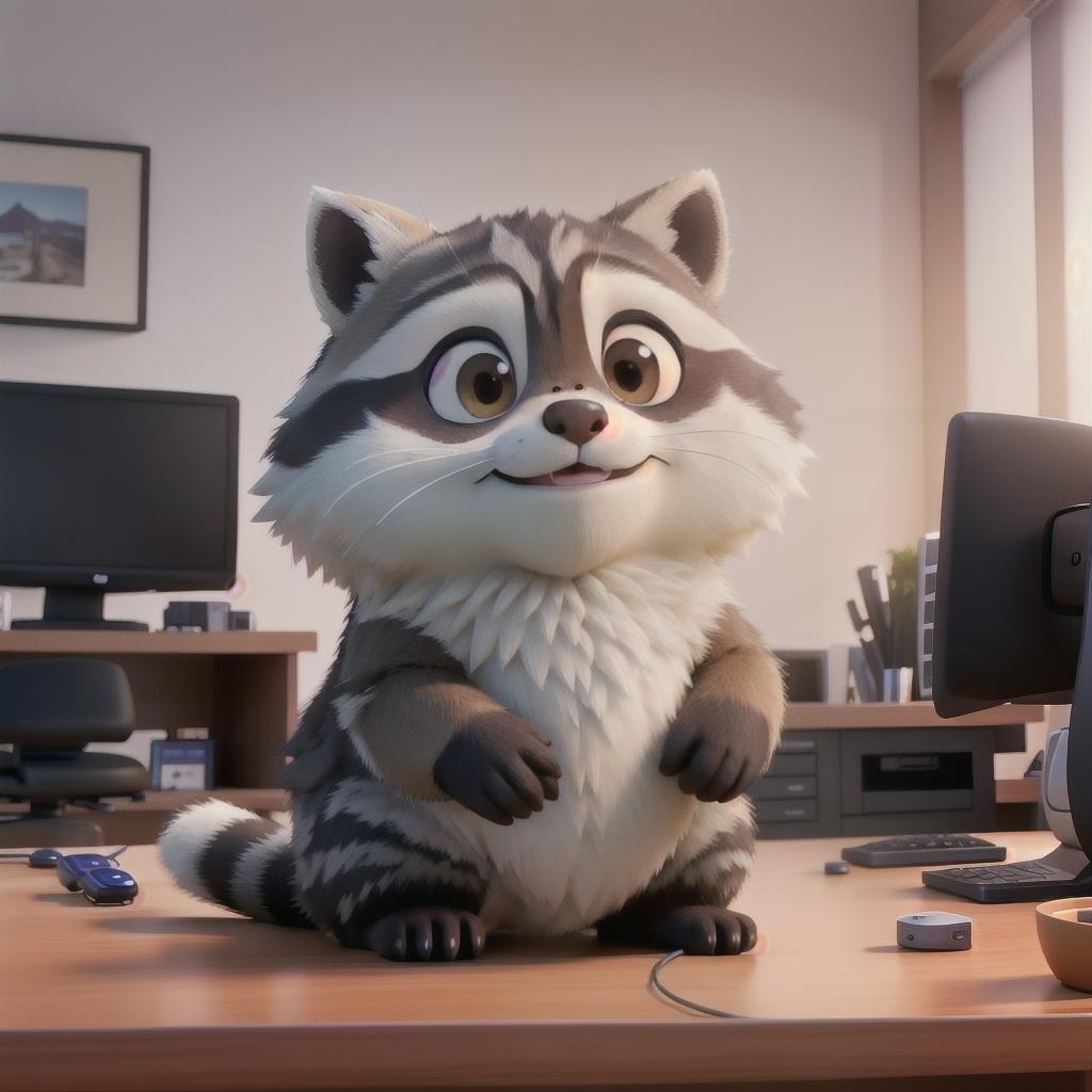  raccoon sitting in gaming chair front a computer on desktop, ((semi anthropomorphic)),(full body), tail, belly, sitting, fat, (chubby), (((white background))), solo, desktop, gaming chair, side view,  [[[clothes]]] hyperrealistic, full body, detailed clothing, highly detailed, cinematic lighting, stunningly beautiful, intricate, sharp focus, f/1. 8, 85mm, (centered image composition), (professionally color graded), ((bright soft diffused light)), volumetric fog, trending on instagram, trending on tumblr, HDR 4K, 8K