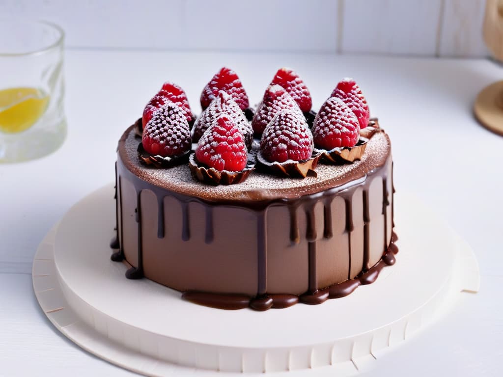  An ultradetailed image of a beautifully crafted vegan chocolate cake topped with fresh raspberries and a drizzle of dairyfree chocolate ganache, all displayed on a sleek, modern white plate against a soft, blurred background to emphasize the decadent dessert. hyperrealistic, full body, detailed clothing, highly detailed, cinematic lighting, stunningly beautiful, intricate, sharp focus, f/1. 8, 85mm, (centered image composition), (professionally color graded), ((bright soft diffused light)), volumetric fog, trending on instagram, trending on tumblr, HDR 4K, 8K