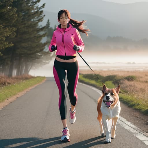  A woman jogs with her dog and has a treat bag on her hip with a bungee leash. hyperrealistic, full body, detailed clothing, highly detailed, cinematic lighting, stunningly beautiful, intricate, sharp focus, f/1. 8, 85mm, (centered image composition), (professionally color graded), ((bright soft diffused light)), volumetric fog, trending on instagram, trending on tumblr, HDR 4K, 8K