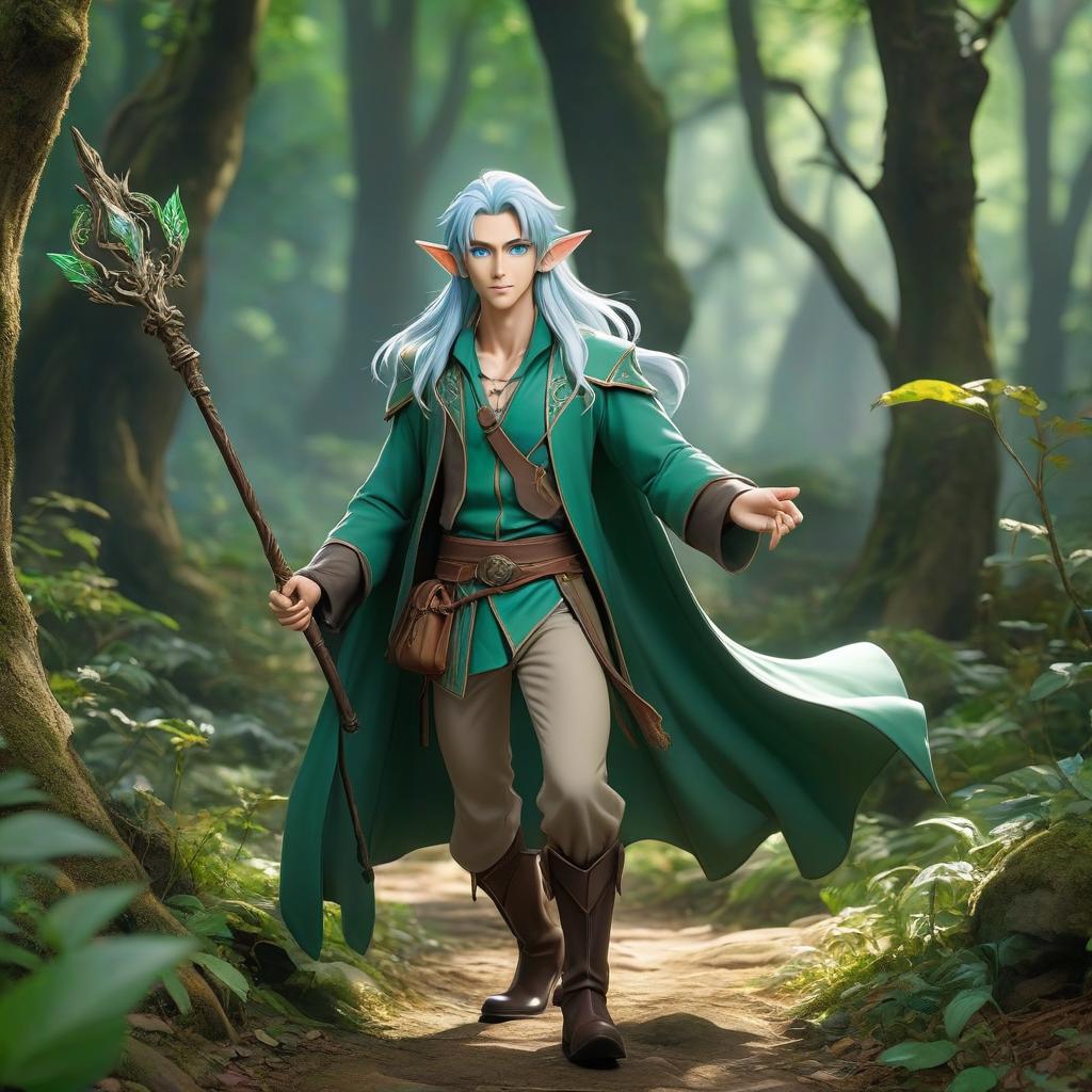  anime artwork A fantasy forest where a male wood elf, with blue eyes and long, light colored hair, walks through. He is dressed in a magician's robes, green travel pants, and boots. In his right hand, he holds a magical staff, which he leans on while walking, and over his shoulder hangs a bag. . anime style, key visual, vibrant, studio anime, highly detailed, hkmagic hyperrealistic, full body, detailed clothing, highly detailed, cinematic lighting, stunningly beautiful, intricate, sharp focus, f/1. 8, 85mm, (centered image composition), (professionally color graded), ((bright soft diffused light)), volumetric fog, trending on instagram, trending on tumblr, HDR 4K, 8K