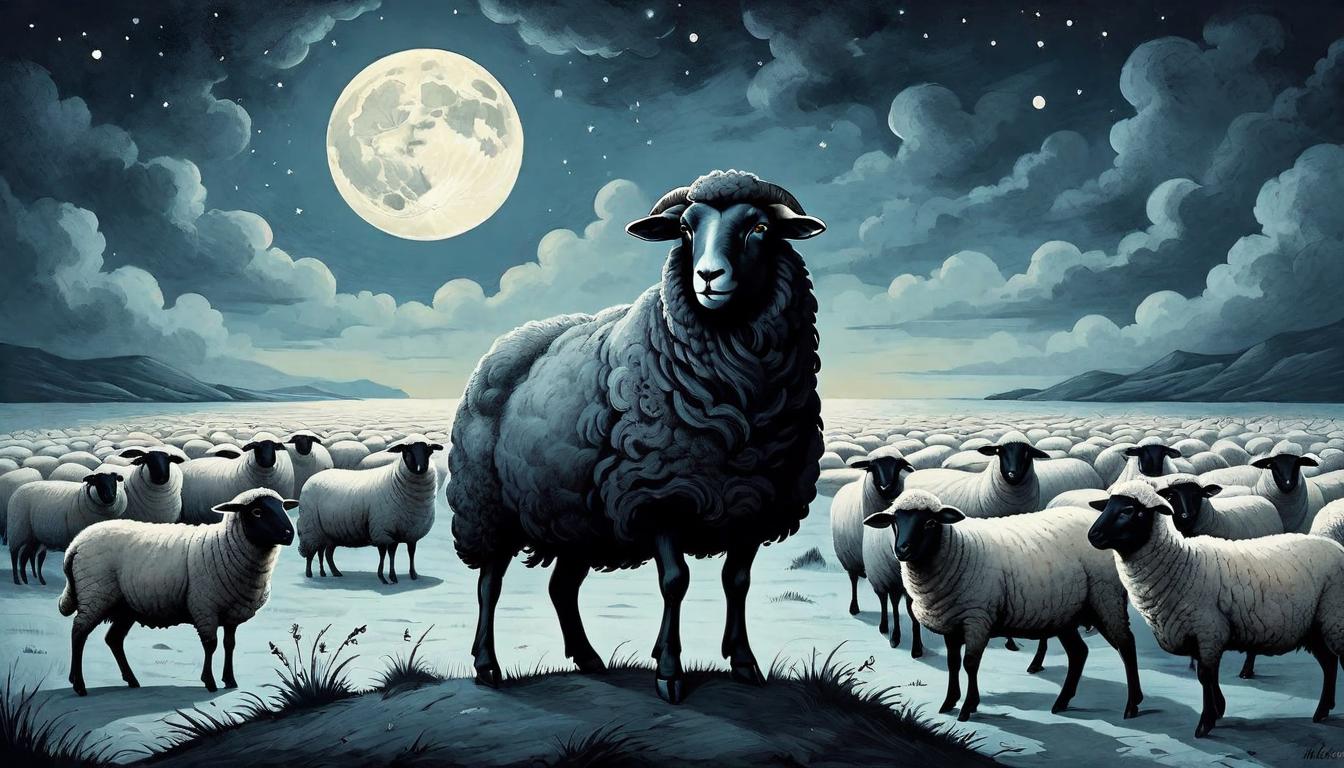  on parchment, surrealism+++, A single black sheep standing confidently among a sea of white, under a moonlit sky. Sheep juxtaposed in color, moonlight accentuates the contrast, symbol of uniqueness, a dark silhouette against conformity, a defiant stance(mysterious, provocative, symbolic,muted color)+++