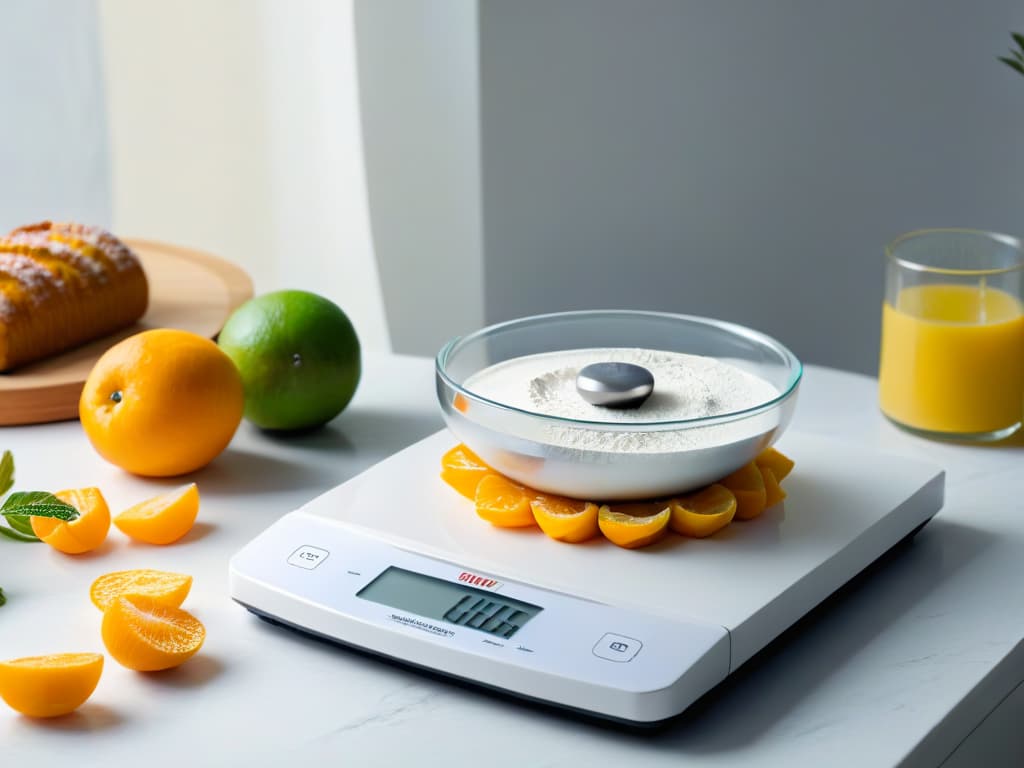  An ultradetailed image of a sleek, modern digital kitchen scale, with a highresolution display showing precise measurements of flour and sugar, set against a soft, pastel backdrop that exudes a sense of calm and precision. The scale is surrounded by delicate, freshly baked pastries and a scattering of vibrant, fresh fruits, enhancing the image's appeal and highlighting the importance of accuracy in baking. The lighting is soft and natural, casting gentle shadows that add depth and dimension to the scene, emphasizing the professional and inspiring nature of the article. hyperrealistic, full body, detailed clothing, highly detailed, cinematic lighting, stunningly beautiful, intricate, sharp focus, f/1. 8, 85mm, (centered image composition), (professionally color graded), ((bright soft diffused light)), volumetric fog, trending on instagram, trending on tumblr, HDR 4K, 8K