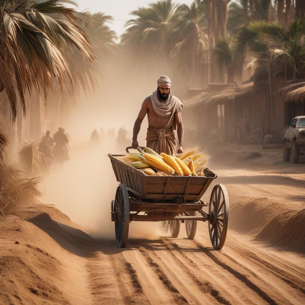  retro game art A peasant in ancient Egypt drags a cart of corn in front of him, a dusty road, Canon EOS 6D Mark III, 1/125 sec, ISO 280, 88.6 mm, F5.8, post apocalyptic style . 16 bit, vibrant colors, pixelated, nostalgic, charming, fun hyperrealistic, full body, detailed clothing, highly detailed, cinematic lighting, stunningly beautiful, intricate, sharp focus, f/1. 8, 85mm, (centered image composition), (professionally color graded), ((bright soft diffused light)), volumetric fog, trending on instagram, trending on tumblr, HDR 4K, 8K