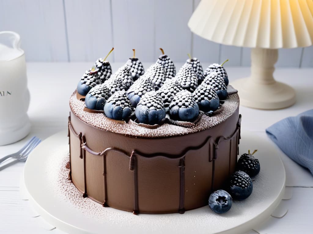  A minimalist and sleek image of a perfectly textured vegan chocolate cake, beautifully garnished with fresh berries and a dusting of powdered sugar on a pristine white plate, set against a simple, elegant backdrop. The cake should showcase a flawless, moist crumb texture, inviting the viewer to indulge in the delicious world of vegan baking, capturing the essence of achieving perfect textures in vegan pastry. hyperrealistic, full body, detailed clothing, highly detailed, cinematic lighting, stunningly beautiful, intricate, sharp focus, f/1. 8, 85mm, (centered image composition), (professionally color graded), ((bright soft diffused light)), volumetric fog, trending on instagram, trending on tumblr, HDR 4K, 8K