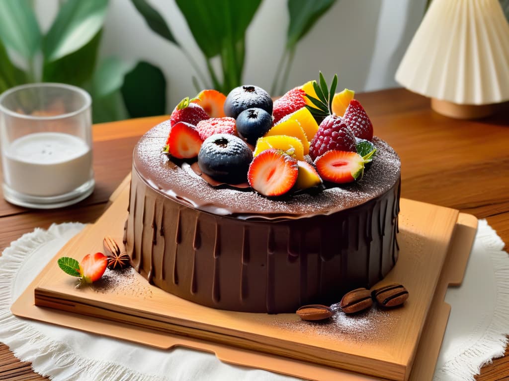  The image showcases a closeup of a decadent chocolate borojó cake with layers of rich borojóinfused cream filling, topped with fresh slices of borojó fruit and a dusting of cocoa powder. The cake sits on a rustic wooden table, surrounded by vibrant tropical foliage and a scattering of borojó seeds. The lighting is soft and warm, highlighting the glossy texture of the cake and enhancing the natural colors of the borojó fruit. This photorealistic image conveys a sense of indulgence and tropical flair, perfect for enticing readers to explore the benefits of using borojó in their baking endeavors. hyperrealistic, full body, detailed clothing, highly detailed, cinematic lighting, stunningly beautiful, intricate, sharp focus, f/1. 8, 85mm, (centered image composition), (professionally color graded), ((bright soft diffused light)), volumetric fog, trending on instagram, trending on tumblr, HDR 4K, 8K