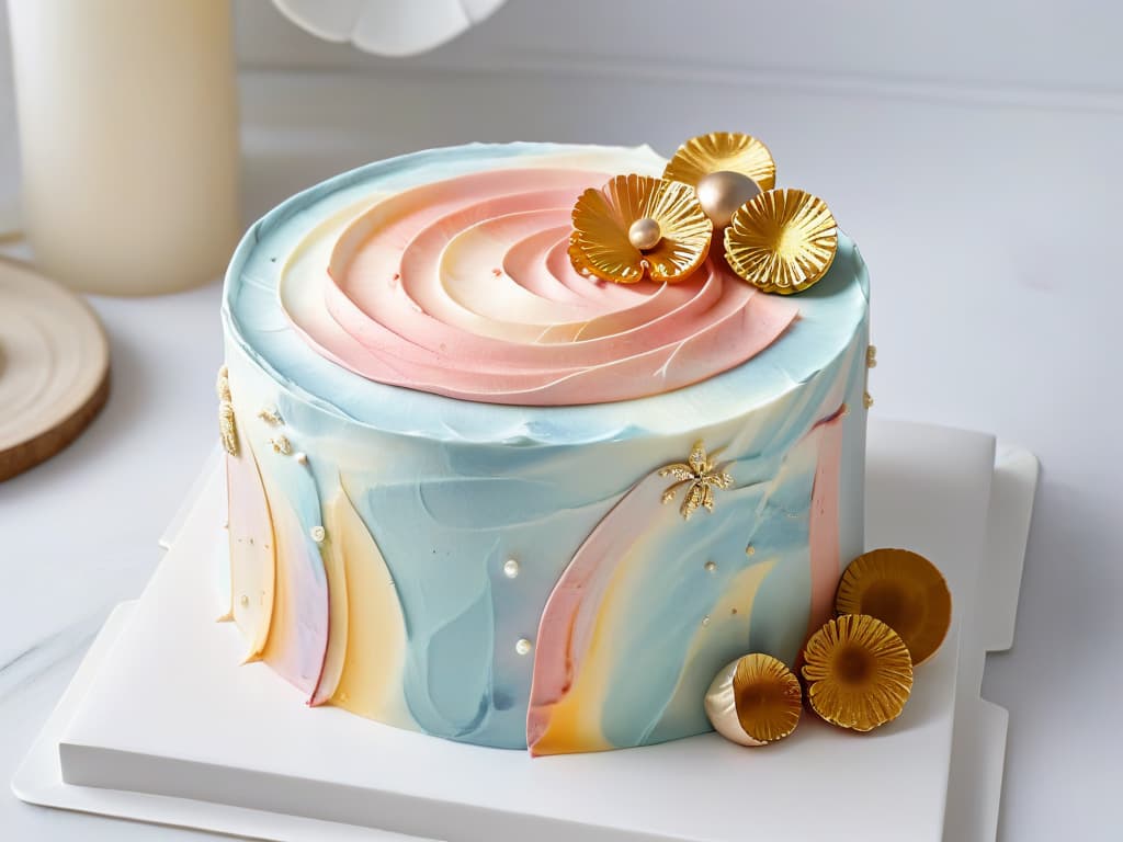  An ultradetailed closeup image of a perfectly crafted marbled fondant cake, showcasing intricate swirls of pastel colors and delicate gold leaf accents. The light hits the cake just right, highlighting its flawless texture and elegant design, making it a true work of art in the world of pastry. hyperrealistic, full body, detailed clothing, highly detailed, cinematic lighting, stunningly beautiful, intricate, sharp focus, f/1. 8, 85mm, (centered image composition), (professionally color graded), ((bright soft diffused light)), volumetric fog, trending on instagram, trending on tumblr, HDR 4K, 8K