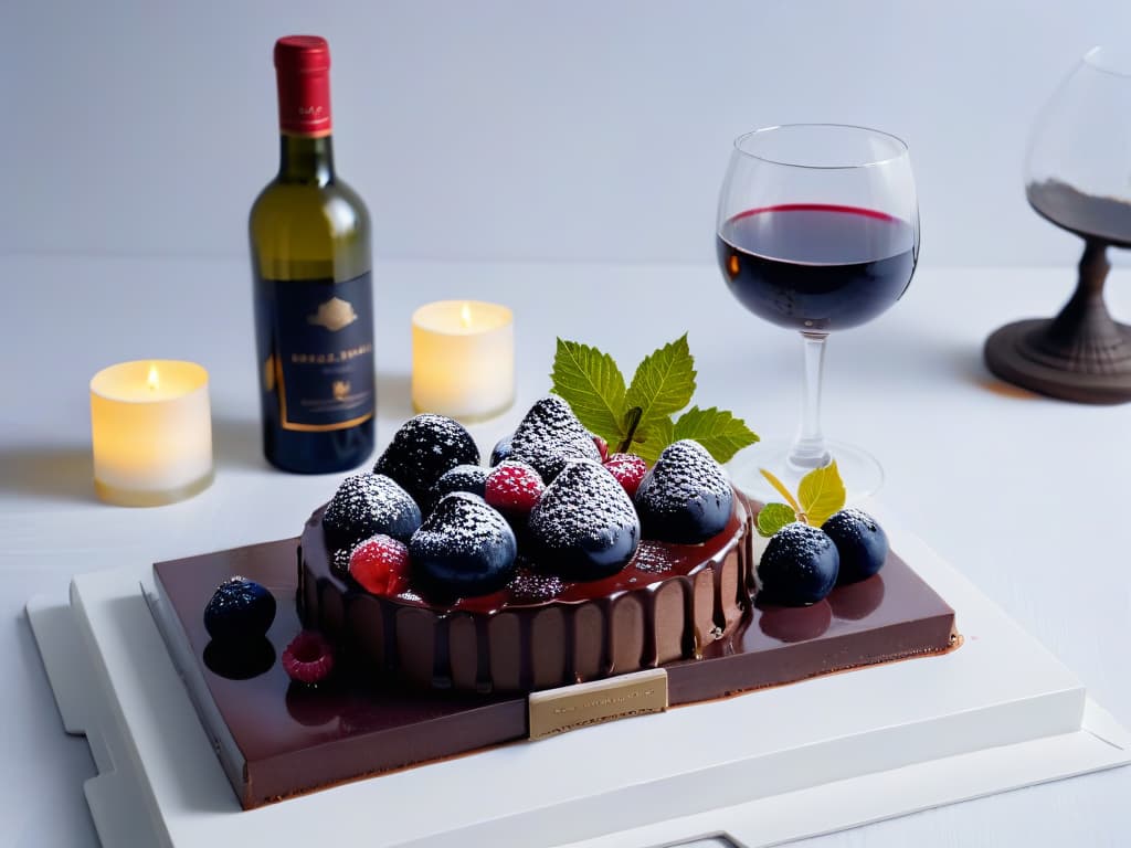  An elegant, minimalistic image of a beautifully set table with a bottle of fine red wine, two exquisite wine glasses, and a decadent chocolate dessert perfectly paired with the wine. The wine glasses are crystal clear, reflecting the soft candlelight, and the dessert is garnished with fresh berries, adding a pop of color to the scene. The table is adorned with a simple white tablecloth, emphasizing the sophistication and harmony of the wine and dessert pairing. hyperrealistic, full body, detailed clothing, highly detailed, cinematic lighting, stunningly beautiful, intricate, sharp focus, f/1. 8, 85mm, (centered image composition), (professionally color graded), ((bright soft diffused light)), volumetric fog, trending on instagram, trending on tumblr, HDR 4K, 8K