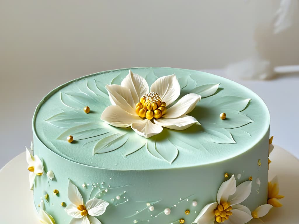  A closeup, ultradetailed image of a delicate sugar flower being meticulously crafted by hand, with tiny sugar pearls and edible gold leaf accents, set against a clean, white background to highlight the intricate details and craftsmanship of the edible decoration. hyperrealistic, full body, detailed clothing, highly detailed, cinematic lighting, stunningly beautiful, intricate, sharp focus, f/1. 8, 85mm, (centered image composition), (professionally color graded), ((bright soft diffused light)), volumetric fog, trending on instagram, trending on tumblr, HDR 4K, 8K