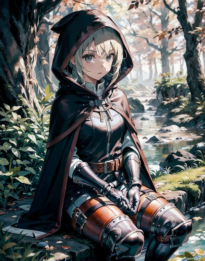  master piece , best quality,Leather armor, hooded cape, hooded cloak, boots, pants, tunic, pouch, belt, gloves, gauntlets, bow, arrows, dagger, nature lover, calm and collected, high shooting accuracy, concentration, girl