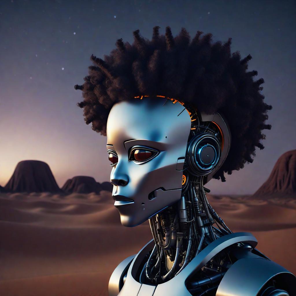  Afro robot head in a futuristic desert at night