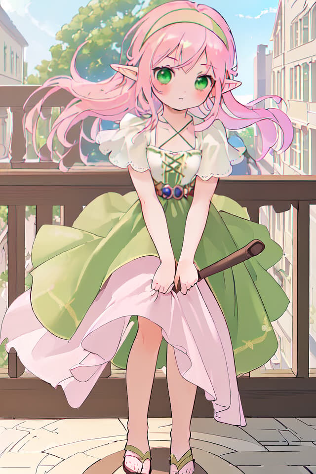  (Best masterpiece: 1.5),(Highest image quality),(Super detail),(Super precision),(Super beautiful CG),(8K),1girl,elf,solo,green eyes,pink hair,hair parted in the center ,（close up）,headband,ONE PIECE,sandals,hair blowing in the wind,balcony ,midday sunshine,