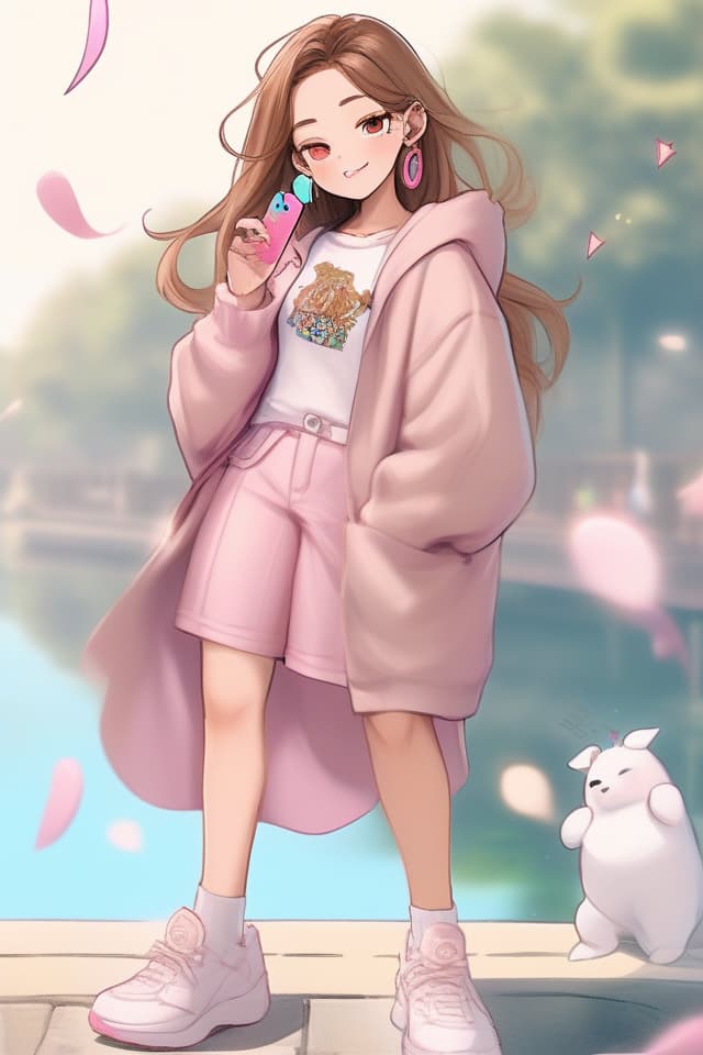  1girl,elf,Middle part or middle parting,brown hair,pink earrings,narrow your eyes,ONE PIECE,cardigan,sneaker,smartphone in one hand,hair blowing in the wind,