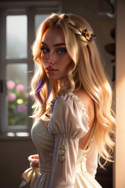  detailed and realistic portrait of a rapunzel maid with a few freckles, long blonde disheveled hairs, multicolor mesmerizing eyes, dark fluffy dress, soft natural lighting, portrait photography, magical photography, dramatic lighting, photo realism, ultra detailed, intimate portrait composition, flowers in background, Leica 50mm, f1. 4 hyperrealistic, full body, detailed clothing, highly detailed, cinematic lighting, stunningly beautiful, intricate, sharp focus, f/1. 8, 85mm, (centered image composition), (professionally color graded), ((bright soft diffused light)), volumetric fog, trending on instagram, trending on tumblr, HDR 4K, 8K