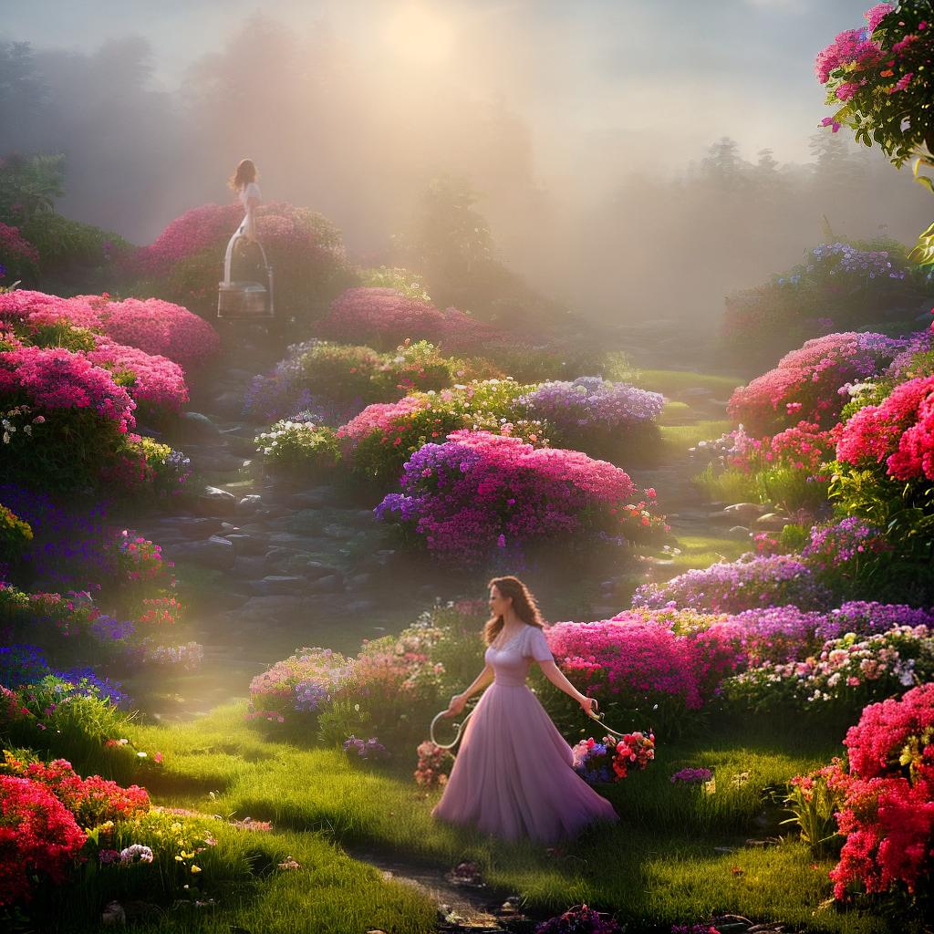  ((Masterpiece)), (((best quality))), 8k, high detailed, ultra-detailed. A girl planting a seed in a garden, surrounded by vibrant flowers (pink roses), (butterflies) fluttering around her, (sunlight) shining through the trees, (a watering can) resting on the ground. hyperrealistic, full body, detailed clothing, highly detailed, cinematic lighting, stunningly beautiful, intricate, sharp focus, f/1. 8, 85mm, (centered image composition), (professionally color graded), ((bright soft diffused light)), volumetric fog, trending on instagram, trending on tumblr, HDR 4K, 8K