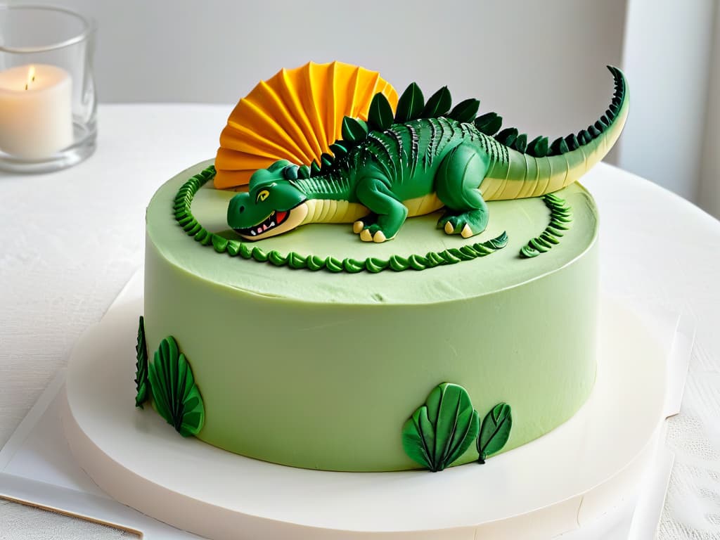  An ultradetailed, 8k resolution image of a sleek, modern kitchen with a marble countertop featuring a beautifully crafted and intricately detailed velociraptorshaped cake as the centerpiece. The cake is expertly decorated with pastelcolored fondant, showcasing lifelike details of the dinosaur's scales and claws. Soft natural light streams in from a large window, casting a gentle glow on the meticulously designed dessert, creating a visually stunning and minimalistic scene that perfectly complements the upscale tone of the article. hyperrealistic, full body, detailed clothing, highly detailed, cinematic lighting, stunningly beautiful, intricate, sharp focus, f/1. 8, 85mm, (centered image composition), (professionally color graded), ((bright soft diffused light)), volumetric fog, trending on instagram, trending on tumblr, HDR 4K, 8K