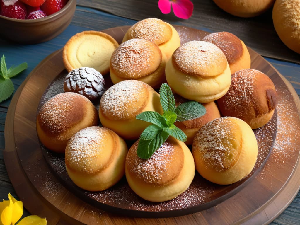  A closeup, photorealistic image of a colorful array of Latin American buñuelos showcasing the regional variations, including Colombian cheesefilled buñuelos, Mexican cinnamonsugar dusted buñuelos, and Peruvian aniseflavored buñuelos, all arranged artfully on a rustic wooden platter with vibrant garnishes like fresh berries, mint leaves, and edible flowers. The textures of the crispy exteriors, gooey cheese fillings, and sugary coatings are incredibly detailed, with each buñuelo looking irresistibly delicious and inviting. This image captures the essence of regional diversity in Latin American cuisine and is sure to captivate the readers' palates and imaginations. hyperrealistic, full body, detailed clothing, highly detailed, cinematic lighting, stunningly beautiful, intricate, sharp focus, f/1. 8, 85mm, (centered image composition), (professionally color graded), ((bright soft diffused light)), volumetric fog, trending on instagram, trending on tumblr, HDR 4K, 8K