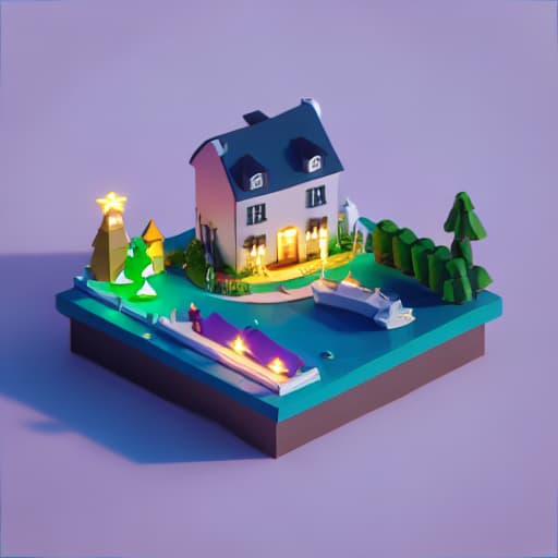 a photo of lowpoly_world christmas tree on over water bungalow with lights ultra HD, 4K, high details