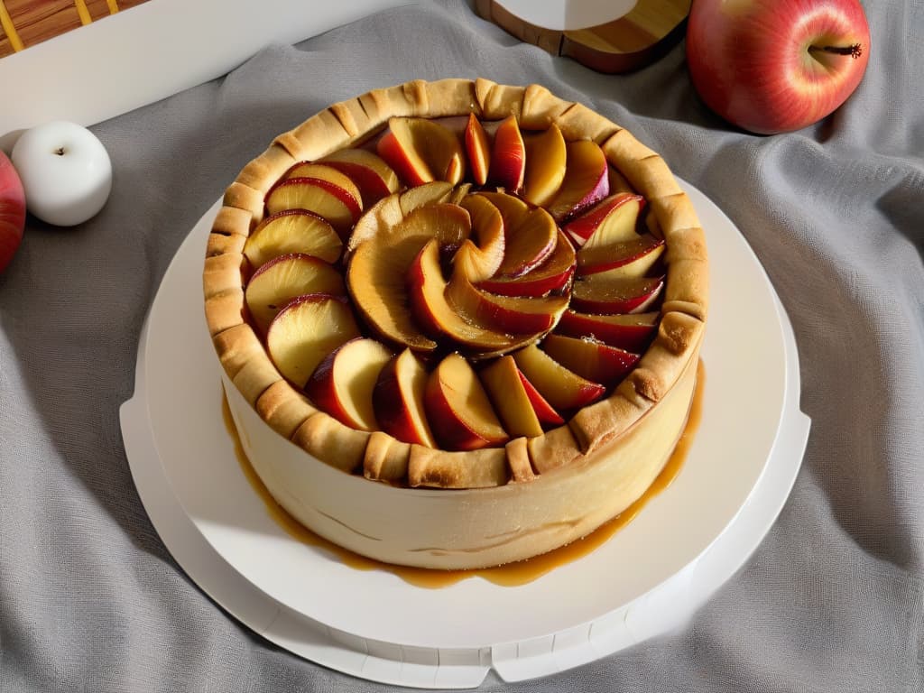  A closeup, ultradetailed image of a freshly baked apple pie, with goldenbrown crust, sprinkled with cinnamon, and adorned with perfectly sliced, caramelized apple pieces arranged in a mesmerizing spiral pattern on top. The pie sits on a sleek, modern white plate, against a soft, neutral background that enhances the warm, inviting colors of the dessert. Every flake of the crust, every glistening caramel drizzle, and each apple slice exude a sense of warmth and comfort, inviting the viewer to indulge in the delicious flavors of autumn. hyperrealistic, full body, detailed clothing, highly detailed, cinematic lighting, stunningly beautiful, intricate, sharp focus, f/1. 8, 85mm, (centered image composition), (professionally color graded), ((bright soft diffused light)), volumetric fog, trending on instagram, trending on tumblr, HDR 4K, 8K