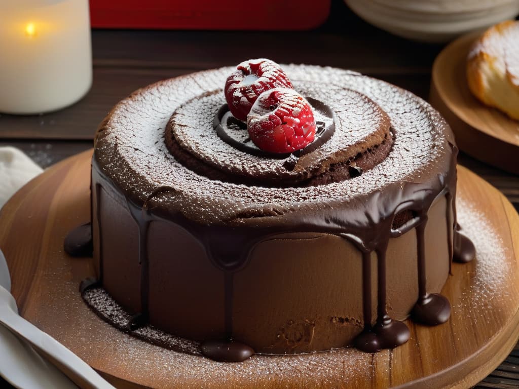  An ultradetailed closeup image of a freshly baked chocolate lava cake, with a perfectly cracked top oozing a rich, molten chocolate center. The cake sits on a rustic wooden table, surrounded by a dusting of powdered sugar and a few scattered raspberries. The warm, gooey texture of the chocolate contrasts beautifully with the dark, glossy surface of the cake, creating a mouthwatering and visually striking composition. The lighting is soft and natural, casting gentle shadows that enhance the depth and realism of the image. This photo captures the essence of indulgence and temptation, making it a perfect visual representation for the article on capturing sweet temptations through professional pastry photography. hyperrealistic, full body, detailed clothing, highly detailed, cinematic lighting, stunningly beautiful, intricate, sharp focus, f/1. 8, 85mm, (centered image composition), (professionally color graded), ((bright soft diffused light)), volumetric fog, trending on instagram, trending on tumblr, HDR 4K, 8K