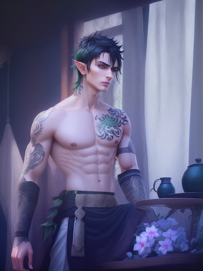  male, half-elf, short black hair, green eyes, tattoos, thin toned body, hyperrealistic, high quality, highly detailed, perfect lighting, intricate, sharp focus, f/1. 8, 85mm, (centered image composition), (professionally color graded), ((bright soft diffused light)), trending on instagram, HDR 4K, 8K