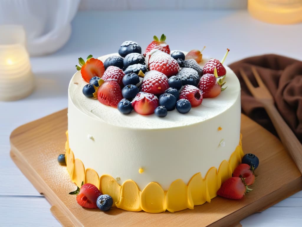  A minimaliststyle image of a beautifully decorated vegan cake sitting on a rustic wooden table, adorned with fresh berries and edible flowers, with a soft natural light casting gentle shadows, showcasing the intricate details of the frosting and decorations. hyperrealistic, full body, detailed clothing, highly detailed, cinematic lighting, stunningly beautiful, intricate, sharp focus, f/1. 8, 85mm, (centered image composition), (professionally color graded), ((bright soft diffused light)), volumetric fog, trending on instagram, trending on tumblr, HDR 4K, 8K