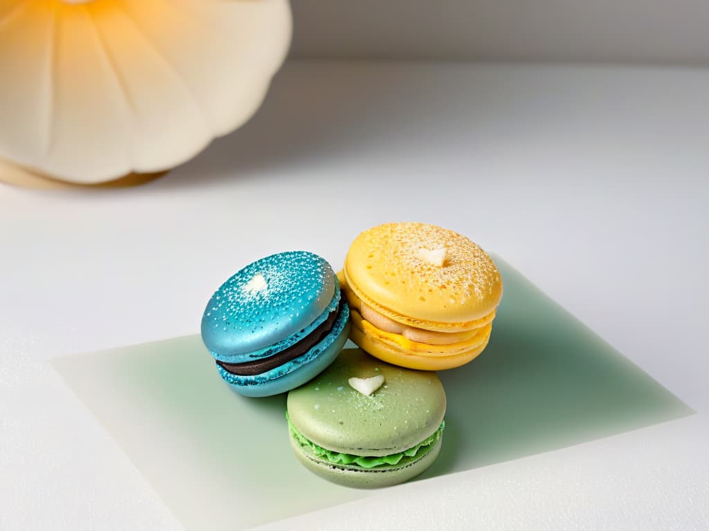  An ultradetailed closeup image of a meticulously crafted and beautifully decorated French macaron, showcasing intricate layers, vibrant colors, and delicate textures. Each detail of the macaron is perfectly highlighted, from the smooth, glossy exterior to the precise piping of the filling, creating a visually stunning and mouthwatering representation of international pastry artistry. hyperrealistic, full body, detailed clothing, highly detailed, cinematic lighting, stunningly beautiful, intricate, sharp focus, f/1. 8, 85mm, (centered image composition), (professionally color graded), ((bright soft diffused light)), volumetric fog, trending on instagram, trending on tumblr, HDR 4K, 8K